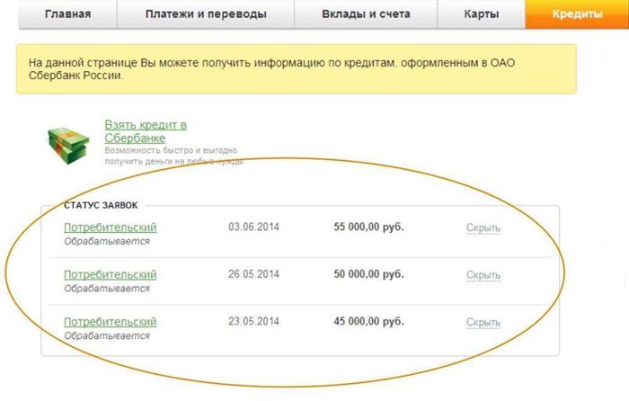 Статус заявки на кредитование после ее отправки в обработку