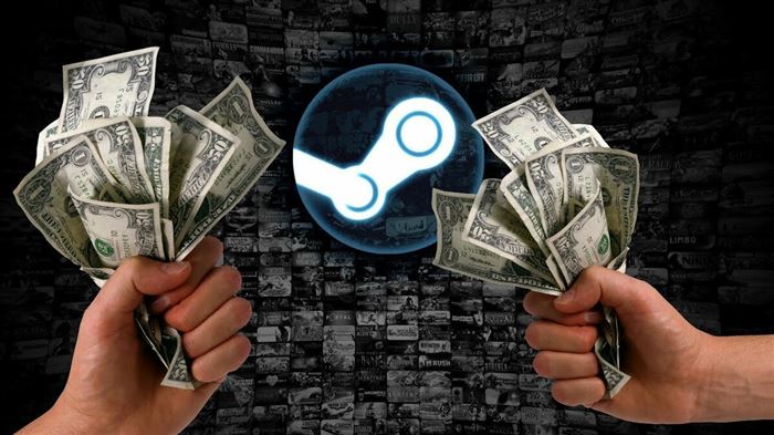 Долларовые купюры в руках на фоне логотипа STEAM