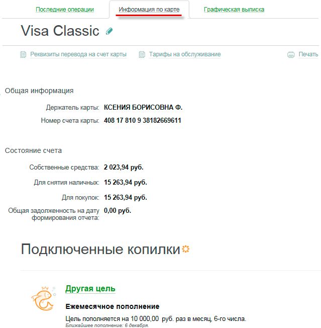 Пример вкладки информация по карте в Сбербанк ОнЛайн